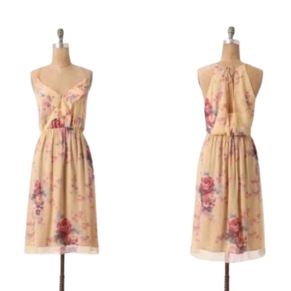 Meadow Rue Yellow Floral Print 100% Silk Ruffle Accent Dress Sz 6 Small - Picture 1 of 8
